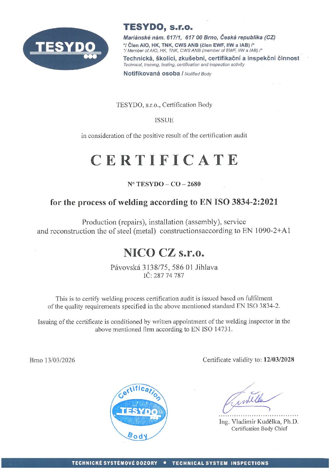 Certifikát pro proces svařování 3_2026 - 3_2028_EN Certifikát pro proces svařování